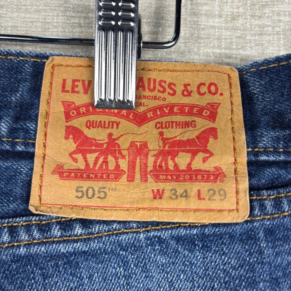 Levis 505 Mens 34x29 Jeans Medium Dark Washed Denim Grungy Low Knee Fading